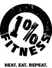 NUMERIC 1 FOLLOWED BY A PERCENT SYMBOL IN WHICH THE SLASH MARK CONSISTS OF A FORK AND KNIFE SIDE BY SIDE SURROUNDED BY A CIRCULAR WORD FITNESS IN A PARTIAL BANNER, THE BANNER IS DISTRESSED TEXTURE. WI