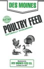 DES MOINES POULTRY FEED NATURALLY WHOLESOME MADE WITH NON-GMO INGREDIENTS MANUFACTURED BY DES MOINES FEED CO. DES MOINES, IOWA 50317