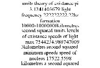 UMITS THEORY OF EXISTANCE PI 3.1341403679 LIGHT FREQUENCY 222222222.22HZ FORMATION 10000-10000000KILOMETRES SECOND SQUARED UMITS LEVELS OF EXISTANCE SPEEDS OF LIGHT = MAX 7544234.9807470093KILOMETRES 