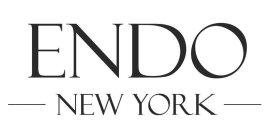 THE WORD ENDO IN FELIX TITLING FONT LARGE WITH THE WORDS NEW YORK FLANKED BY A STRAIGHT LINE ON EACH SIDE BELOW IT, ALSO IN THE SAME FONT