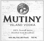 MUTINY ISLAND VODKA 100% NEUTRAL SPIRITS DISTILLED FROM BREADFRUIT 40% ALC/VOL. (80 PROOF) 750 ML