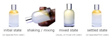 INITIAL STATE (OIL SEPRATE FROM WATER) SHAKING/MIXING MIXED STATE (CLOUDY, OIL MIXED WITH WATER) SETTLED STATE (OIL SEPARATED FROM WATER)
