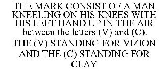 THE MARK CONSIST OF A MAN KNEELING ON HIS KNEES WITH HIS LEFT HAND UP IN THE AIR BETWEEN THE LETTERS (V) AND (C). THE (V) STANDING FOR VIZION AND THE (C) STANDING FOR CLAY