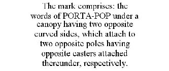 THE MARK COMPRISES: THE WORDS OF PORTA-POP UNDER A CANOPY HAVING TWO OPPOSITE CURVED SIDES, WHICH ATTACH TO TWO OPPOSITE POLES HAVING OPPOSITE CASTERS ATTACHED THEREUNDER, RESPECTIVELY.