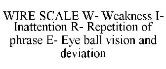 WIRE SCALE W- WEAKNESS I- INATTENTION R- REPETITION OF PHRASE E- EYE BALL VISION AND DEVIATION