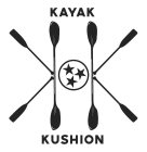 KAYAK KUSHION; BETWEEN 'KAYAK' & 'KUSHION' THERE SHOULD BE A BACKWARD 'K' MADE OF 2 T-HANDLE PADDLES AND 1 DOUBLE BLADE/SIDED PADDLE, THEN 3 ENCIRCLED STARS, THEN A FORWARD FACING 'K' MADE OF 2 T-HAND