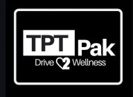 IMAGE INCLUDES WORDS TPT PAK IN AILERON HEAVY FONT, DRIVE2WELLNESS IS IN AILERON REGULAR FONT. TPT HAS A RECTANGULAR FILLED-IN BOX, PAK IS SMALLER IN FONT SIZE THAN TPT. THE DRIVE2WELLNESS HAS A HEART
