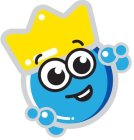 YELLOW CROWN, MIDDLE SHADE OF BLUE BUBBLE BODY, ROYAL BLUE AND WHITE ACCENTS, BLACK IN EYES AND MOUTH, GREY SURROUNDING