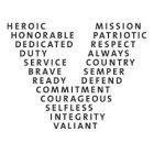 HEROIC MISSION HONORABLE PATRIOTIC DEDICATED RESPECT DUTY ALWAYS SERVICE COUNTRY BRAVE SEMPER READY DEFEND COMMITMENT COURAGEOUS SELFLESS INTEGRITY VALIANT
