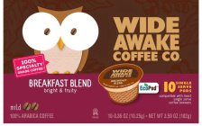 WIDE AWAKE COFFEE CO. BREAKFAST BLEND BRIGHT AND FRUITY 100% SPECIALTY GRADE COFFEE ECOPOD 10 SINGLE SERVE PODS COMPATIBLE WITH MOST SINGLE SERVE COFFEE BREWERS MILD 100% ARABICA COFFEE PARVE 10-0.36 