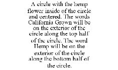 A CIRCLE WITH THE HEMP FLOWER INSIDE OF THE CIRCLE AND CENTERED. THE WORDS CALIFORNIA GROWN WILL BE ON THE EXTERIOR OF THE CIRCLE ALONG THE TOP HALF OF THE CIRCLE. THE WORD HEMP WILL BE ON THE EXTERIO