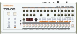 R ROLAND RHYTHM COMPOSER TR-09 START STOP/CONT LAST STEP SCALE SHUFFLE/FLAM CLEAR INSTRUMENT SELECT SHIFT BASS DRUM TUNE LEVEL ATTACK DECAY SNARE DRUM TUNE LEVEL TONE SNAPPY LOW TOM TUNE LEVEL DECAY M