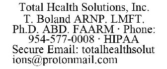 TOTAL HEALTH SOLUTIONS, INC. T. BOLAND ARNP. LMFT. PH.D. ABD. FAARM · PHONE: 954-577-0008 · HIPAA SECURE EMAIL: TOTALHEALTHSOLUTIONS@PROTONMAIL.COM