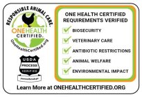 RESPONSIBLE ANIMAL CARE ONE HEALTH CERTIFIED ONEHEALTHCERTIFIED.ORG USDA PROCESS VERIFIED PROCESSVERIFIED.USDA.GOV ONE HEALTH CERTIFIED REQUIREMENTS VERIFIED BIOSECURITY VETERINARY CARE ANTIBIOTIC RES