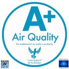 A+ AIR QUALITY THIS ESTABLISHMENT'S AIR QUALITY IS PURIFIED BY HUMMINGBIRD AIR PURIFICATION CERTIFIED BY ENERGY CLOUD