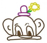 A DESIGN OF A BABY MONKEY'S HEAD. IT IS BROWN WITH BIG EYES AND SMALL EYEBROWS. HAS LARGE EARS AND A PURPLE HAT ON IT'S HEAD WITH A YELLOW DAISY FLOWER WITH A GREEN LEAF AND STEM STICKING OUT THE SIDE