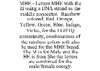 MHE - LETTERS MHE WITH THE H USING A DNA STRAND AS THE MIDDLE CONNECTOR. RAINBOW COLORED; RED, ORANGE, YELLOW, GREEN, BLUE, INDIGO, VIOLET, FOR THE LGBTQ COMMUNITY, COMBINATIONS OF THE RAINBOW COLORS 