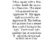 WHITE SQUARE WITH A BLUE OUTLINE. INSIDE THE SQUARE IS A BLUE CROSS. THE UPPER LEFT QUADRANT HAS AN UPPERCASE W. THE UPPER RIGHT QUADRANT HAS AN UPPERCASE B. THE BOTTOM LEFT QUADRANT HAS A GREATER THA