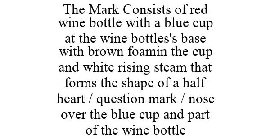 THE MARK CONSISTS OF RED WINE BOTTLE WITH A BLUE CUP AT THE WINE BOTTLES'S BASE WITH BROWN FOAMIN THE CUP AND WHITE RISING STEAM THAT FORMS THE SHAPE OF A HALF HEART / QUESTION MARK / NOSE OVER THE BL