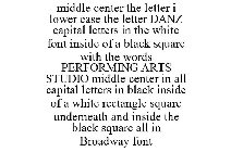 MIDDLE CENTER THE LETTER I LOWER CASE THE LETTER DANZ CAPITAL LETTERS IN THE WHITE FONT INSIDE OF A BLACK SQUARE WITH THE WORDS PERFORMING ARTS STUDIO MIDDLE CENTER IN ALL CAPITAL LETTERS IN BLACK INS