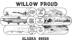 WILLOW PROUD ALASKA 99688 OFFICIAL IDITAROD START DISCOVERED IN 1887 BY GOLD PANNERS WORLD CLASS SALMON FISHING PEACE 70 MILES FROM ANCHORAGE AMAZING VIEWS OF DENALI 