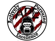 ACTIVELY PURSUING EXCELLENCE, APE, ROARING APE, FOUR STRIPE MARKS, TWO CIRCLES.