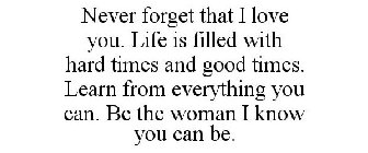 NEVER FORGET THAT I LOVE YOU. LIFE IS FILLED WITH HARD TIMES AND GOOD TIMES. LEARN FROM EVERYTHING YOU CAN. BE THE WOMAN I KNOW YOU CAN BE.