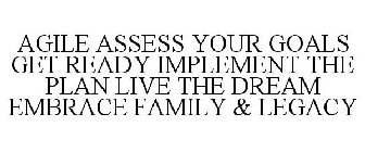 AGILE ASSESS YOUR GOALS GET READY IMPLEMENT THE PLAN LIVE THE DREAM EMBRACE FAMILY & LEGACY
