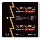 NANFU NO MERCURY ALKALINE CAUTION: DO NOT CONNECT IMPROPERLY, CHARGE OR DISPOSE OF IN FIRE, BATTERY MAY EXPLODE OR LEAK. NANFU NO MERCURY ALKALINE AA LR6 1.5V MADE IN CHINA + -