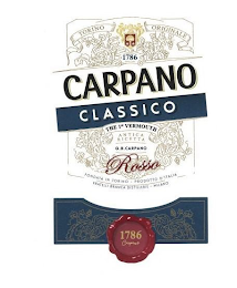 CARPANO CLASSICO THE 1ST VERMOUTH ANTICA RICETTA G.B.CARPANO ROSSO TORINO ORIGINALE 1786 FONDATA IN TORINO PRODOTTO D'ITALIA FRATELLI BRANCA DISTILLERIE MILANO 1786 CARPANO