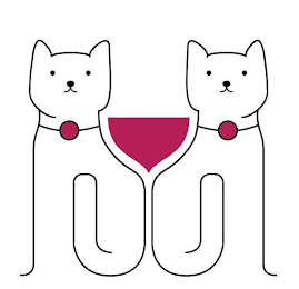 A WHITE BACKGROUND IN THE MIDDLE WITH A BLACK OUTLINE OF TWO CATS WITH A WINE GLASS IN THE MIDDLE AND RED FILLED WITHIN THE WINE GLASS