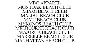 MBC APPAREL MONTUAK BEACH CLUB MIAMI BEACH CLUB MALIBU BEACH CLUB MAUI BEACH CLUB MYKONOS BEACH CLUB MELBOURNE BEACH CLUB MAJORCA BEACH CLUB MARSEILLE BEACH CLUB MANHATTAN BEACH CLUB