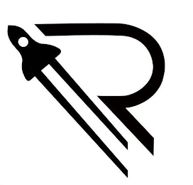 THE LETTER R IN AN UPPERCASE CUSTOM LETTERING / FONT, WITH A ROCKET ON THE LEFT SIDE GOING IN AN UPWARD LEFT DIAGONAL DIRECTION.