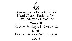 A HE RO ASSESSMENT - PRIOR TO MEDS HEAD CLEAR - PATIENT FIRST EYES MATTER - INTRODUCE YOURSELF REVIEW & REPEAT - ORDERS & MEDS OPPORTUNITIES - ASK WHEN IN DOUBT