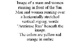 IMAGE OF A MAM AND WOMEN RUNNING IN FRONT OF THE SUN MAN AND WOMAN RUNNING OVER A HORIZONTALLY STRETCHED VERTICAL ZIGZAG, WORDS 