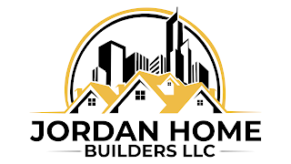 CITY BUILDINGS BACKDROP WITH 3 ROOFS THAT CONTAIN WINDOWS WITH 4 GRID SQUARES IN THE MIDDLE OF EACH ROOF WITH THE WORDS JORDAN HOME AND BUILDERS LLC UNDER THE 3 HOME ROOFS