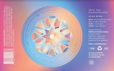 THE WORDING INTO THE KALEIDESCOPE BELLEFLOWER BREWING IN OFF WHITE CIRCLING A GEOMETRIC KALEIDSCOPE PATTERN IN THE COLORS BLUE, PURPLE, ORANGE, YELLOW, RED, PINK, SET AGAINST A RAINBOW GRADIENT.