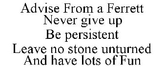 ADVISE FROM A FERRETT NEVER GIVE UP BE PERSISTENT LEAVE NO STONE UNTURNED AND HAVE LOTS OF FUN