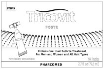 STEP 3 TRICOVIT FORTE PROFESSIONAL HAIR FOLLICLE TREATMENT FOR MEN AND WOMAN AND ALL HAIR TYPES FORMULATED BY DERMATOLOGIST 10 PACKS PHARCOMED 2.7 FL OZ (79.8 ML)