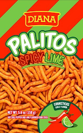 DIANA PALITOS SPICY LIME CORNSTICKS CHILE Y LIMON NET WT. 5.6 OZ (158G) HOT CHILI PEPPER AND LIME FLAVORED CORN STICK