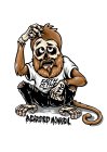 BEARDED MONKEY 440. MONKEY WITH A BEARD. 440 ON THE HAND OF MONKEY. WEARING SHIRT AND JEANS.