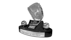 RAWLINGS R GOLD GLOVE AWARD RAWLINGS R RAWLINGS R GOLD GLOVE AWARD RAWLINGS R EST. 1887 RAWLINGS R RAWLINGS R PRESENTED ANNUALLY TO EACH OF THE EIGHTEEN PLAYERS HONORING THEIR SELECTION AS THE FINEST 
