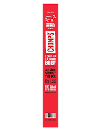 PEEL HERE ORIGINAL BEEF STICK MILD CHOMPS MADE WITH GRASS FED & FINISHED BEEF ALL STICK WITHOUT THE STICK 10G PROTEIN 100 CALORIES PER SERVING ZERO SUGAR NOT A LOW CALORIE SNACK