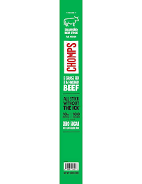 PEEL HERE JALAPENO BEEF STICK MEDIUM CHOMPS MADE WITH GRASS FED & FINISHED BEEF ALL STICK WITHOUT THE ICK 10G PROTEIN 100 CALORIES PER SERVING ZERO SUGAR NOT A LOW CALORIE SNACK