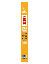 PEEL HERE ORIGINAL TURKEY STICK MILD CHOMPS MADE WITH ANTIBIOTIC FREE TURKEY ALL STICK WITHOUT THE ICK 12 G PROTEIN 80 CALORIES PER SERVING ZERO SUGAR NOT A LOW CALORIE SNACK F5378 A 8 56584 00440 4 N