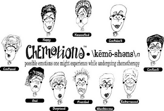 CHEMOTIONS · \KEMO-SHENS\N POSSIBLE EMOTIONS ONE MIGHT EXPERIENCE WHILE UNDERGOING CHEMOTHERAPY HAPPY NAUSEATED CONFIDENT CONTENT EMBARRASSED MISCHIEVOUS FRAZZLED SURPRISED SAD CONFUSED