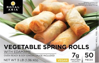 ROYAL ASIA SERVING SUGGESTION ENLARGED TO SHOW QUALITY KEEP FROZEN UNTIL READY TO USE DINE WELL FEEL WELL LIVE WELL VEGETABLE SPRING ROLLS WITH EDAMAME OVEN READY & SOY GINGER SAUCE INCLUDED NET WT 3 