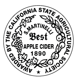 AWARDED BY THE CALIFORNIA STATE AGRICULTURAL SOCIETY S. MARTINELLI BEST APPLE CIDER 1890