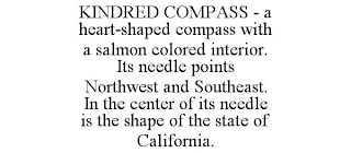 KINDRED COMPASS - A HEART-SHAPED COMPASS WITH A SALMON COLORED INTERIOR. ITS NEEDLE POINTS NORTHWEST AND SOUTHEAST. IN THE CENTER OF ITS NEEDLE IS THE SHAPE OF THE STATE OF CALIFORNIA.