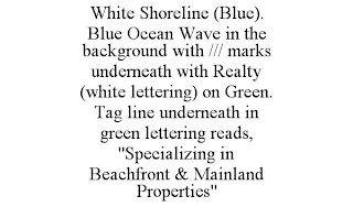 WHITE SHORELINE (BLUE). BLUE OCEAN WAVE IN THE BACKGROUND WITH /// MARKS UNDERNEATH WITH REALTY (WHITE LETTERING) ON GREEN. TAG LINE UNDERNEATH IN GREEN LETTERING READS, 